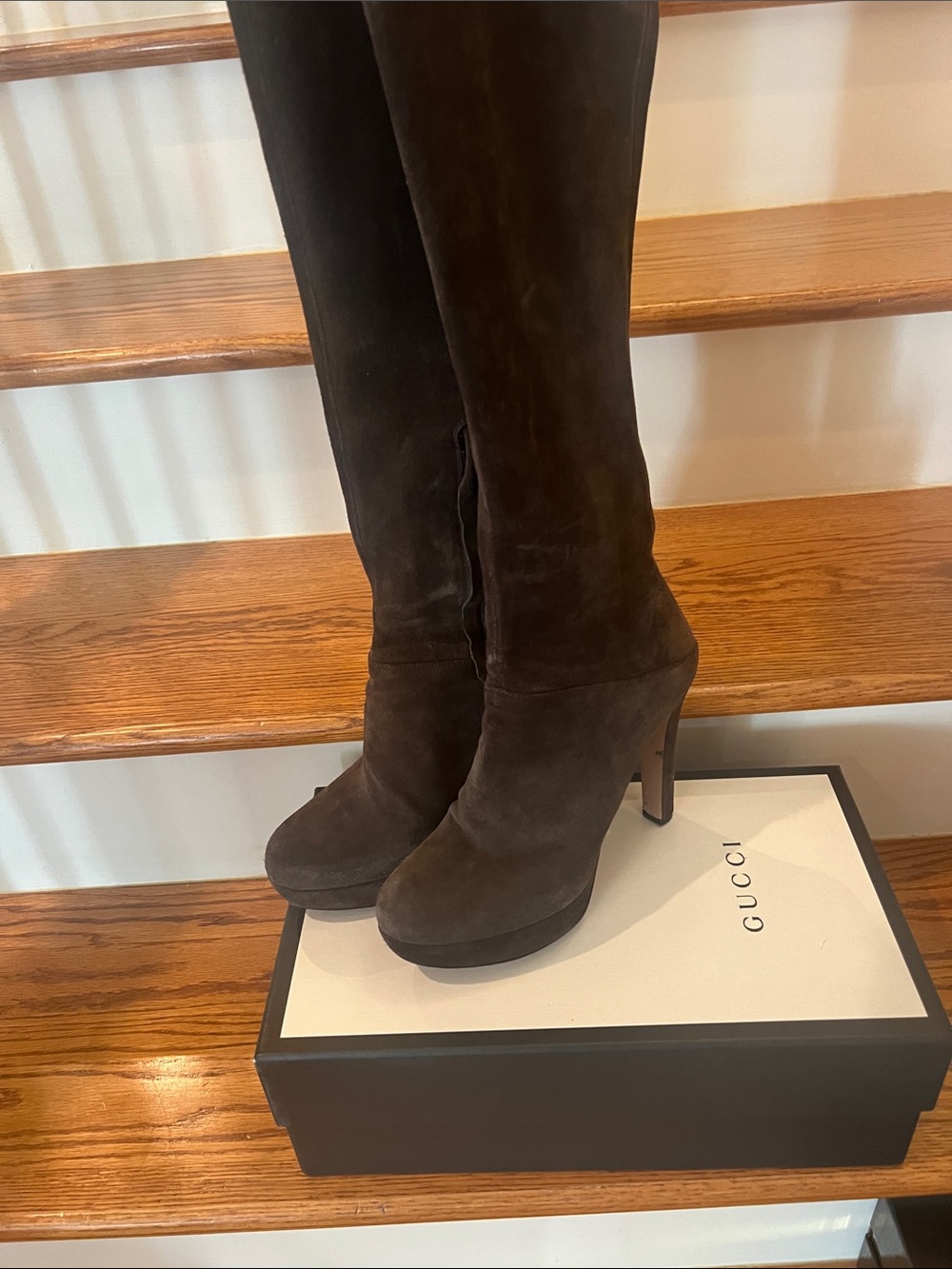Prada Women’s Brown Suede Knee-High Platform Heel Boots, Size 39, 100% Authentic